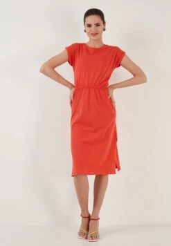 LELA Short Sleeve Midi - Jurk - Brick Red -Modekleding Winkel b3b536e7ca504525834614f4f1327be3